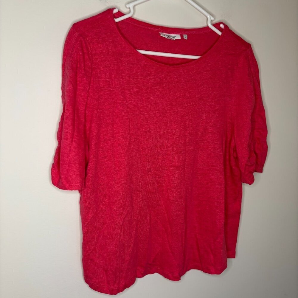 CHICO'S 100% Linen Top Womens L Pink Cinched Arms Short Sleeve Casual